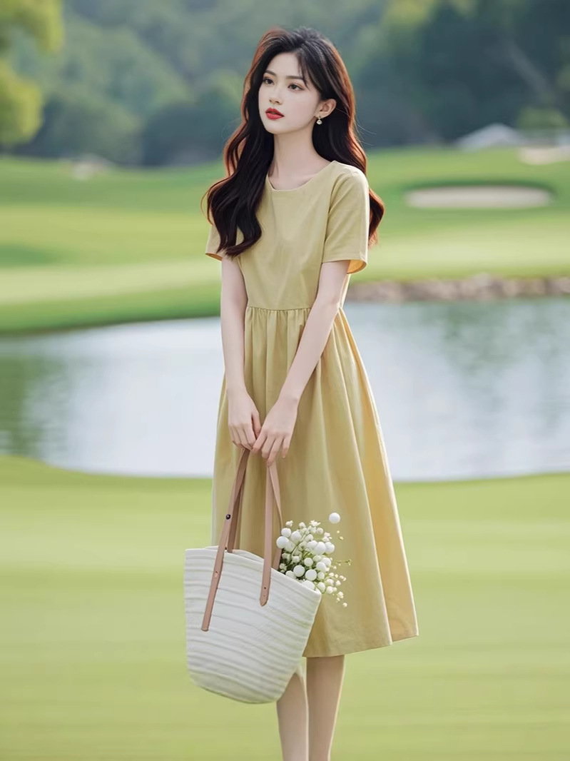 Váy chữ A ngắn tay thắt eo công sở dáng suông — Xanh lá cây nhạtcolor