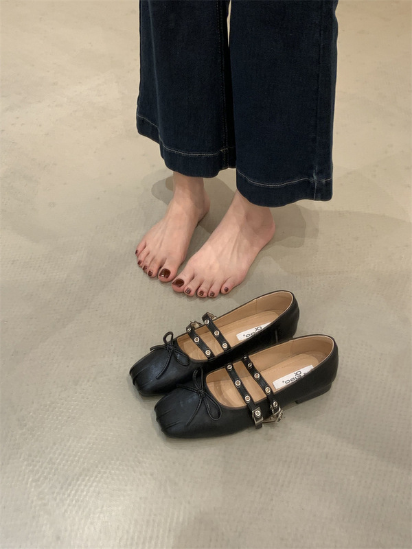法式交叉皮带扣芭蕾舞鞋女2025新款红色玛丽珍鞋小香风蝴蝶结单鞋|undefined
