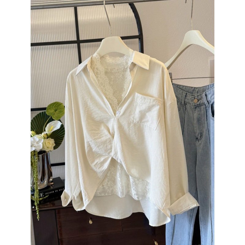 Nanyou 2025 早春スタイルファッショナブルな気質ラペル長袖 + レースベストツーピースシャツトップス女性フレンチスタイル|undefined