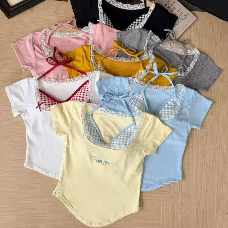 5056纯欲风假两件方领刺绣短袖绑带T恤挂脖女夏新款辣妹外穿上衣