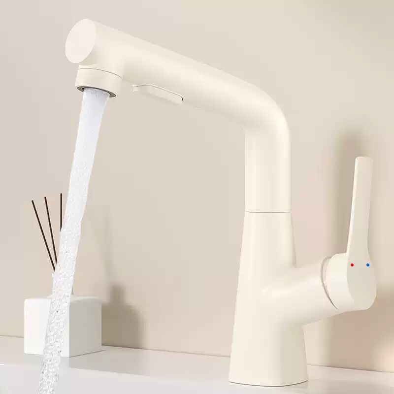 Cream-Style White Washbasin Faucet Liftable All-Copper Household Pull-Out Hot and Cold Bathroom Basin Faucet Cream-Style White Washbasin Faucet Liftable All-Copper Household Pull-Out Hot and Cold Bathroom Basin Faucet