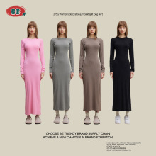 BE女装|2025秋季欧美辣妹气质显瘦修身长袖连衣裙开叉包臀长裙女