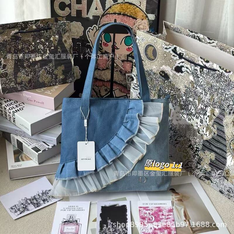 Cross-Border Direct Supply Employee Vip Benefits Pleated Lace Denim Tote Bag Shoulder Shopping Bag Women's Bag