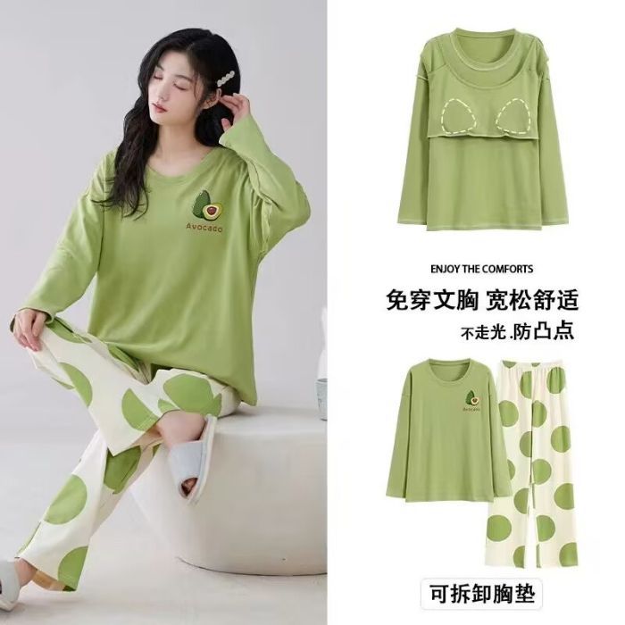 Pijamas al por mayor transfronterizos primavera y otoño dibujos animados hoodie corbata redonda almohadilla de pecho algodón pantalones largos de manga larga ropa para el hogar suelta