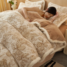 新款A类冬季雕花兔毛包边牛奶绒珊瑚绒复古轻奢四件套床单被套