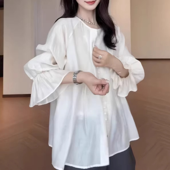 Plus-Size Women's French-Style Pleated Sun-Protective Shirt 2026 New Model Loose-Fitting Tummy-Covering Flared Sleeve Blouse