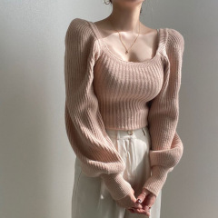 日韩复古方领针织衫女上衣2025秋季新款纯色泡泡袖套头毛衣女