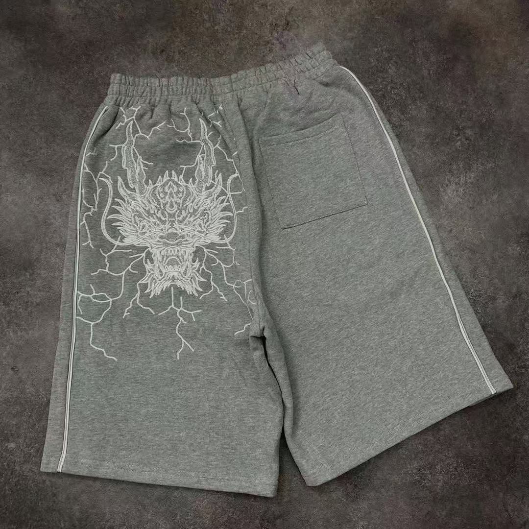 2025 High Street Trendy Loose Shorts Sports Versatile Casual Sweatpants Summer Line Draft Dragon Head Embroidery Men's Outfit