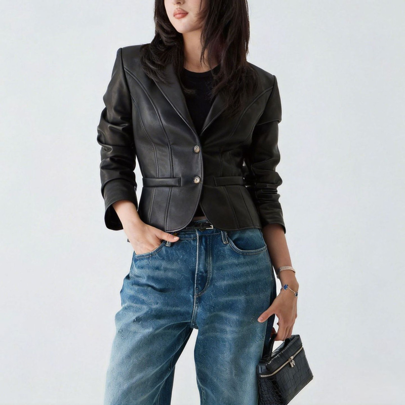 Cross-Border Korean Style Lapel Pu Leather Jacket Women's Slim Thin Motorcycle Suit Jacket Spring & Fall Jacket Women's Coat