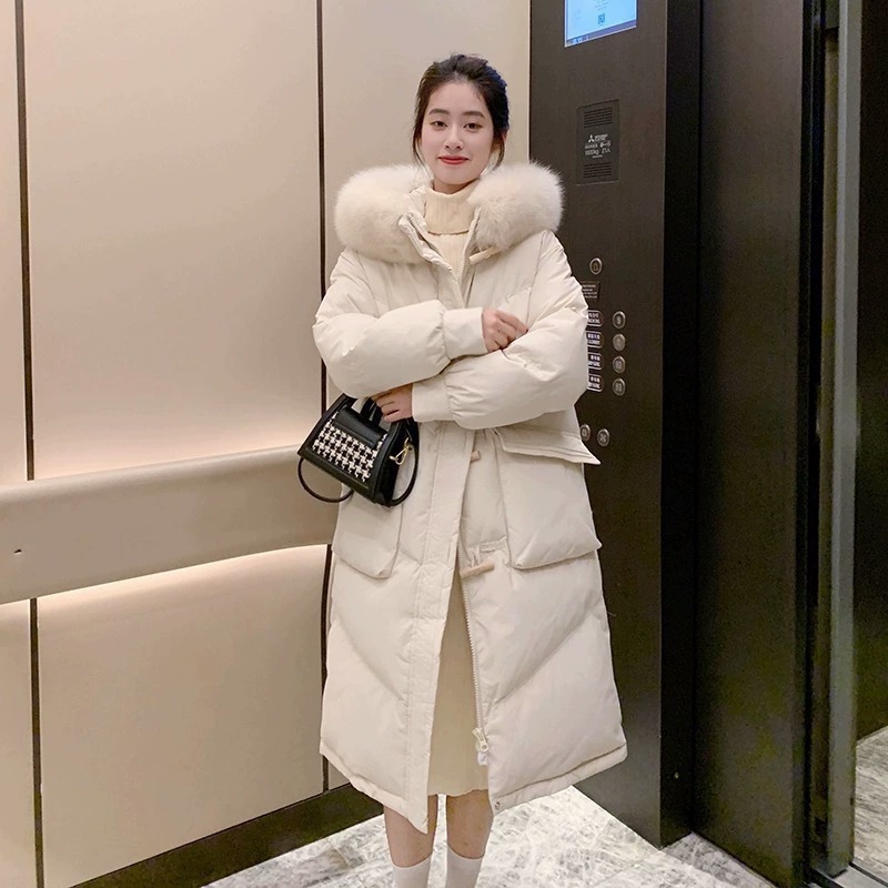 三彩同款羽绒服女90白鸭绒中长款2024冬季新款时尚韩版小众加厚
