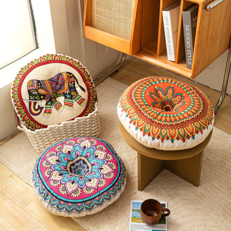 Retro Round Futon Cushion, Vintage Ethnic-Style Bay Window Tatami Mat, Floor Lazy Bohemian Cushion
