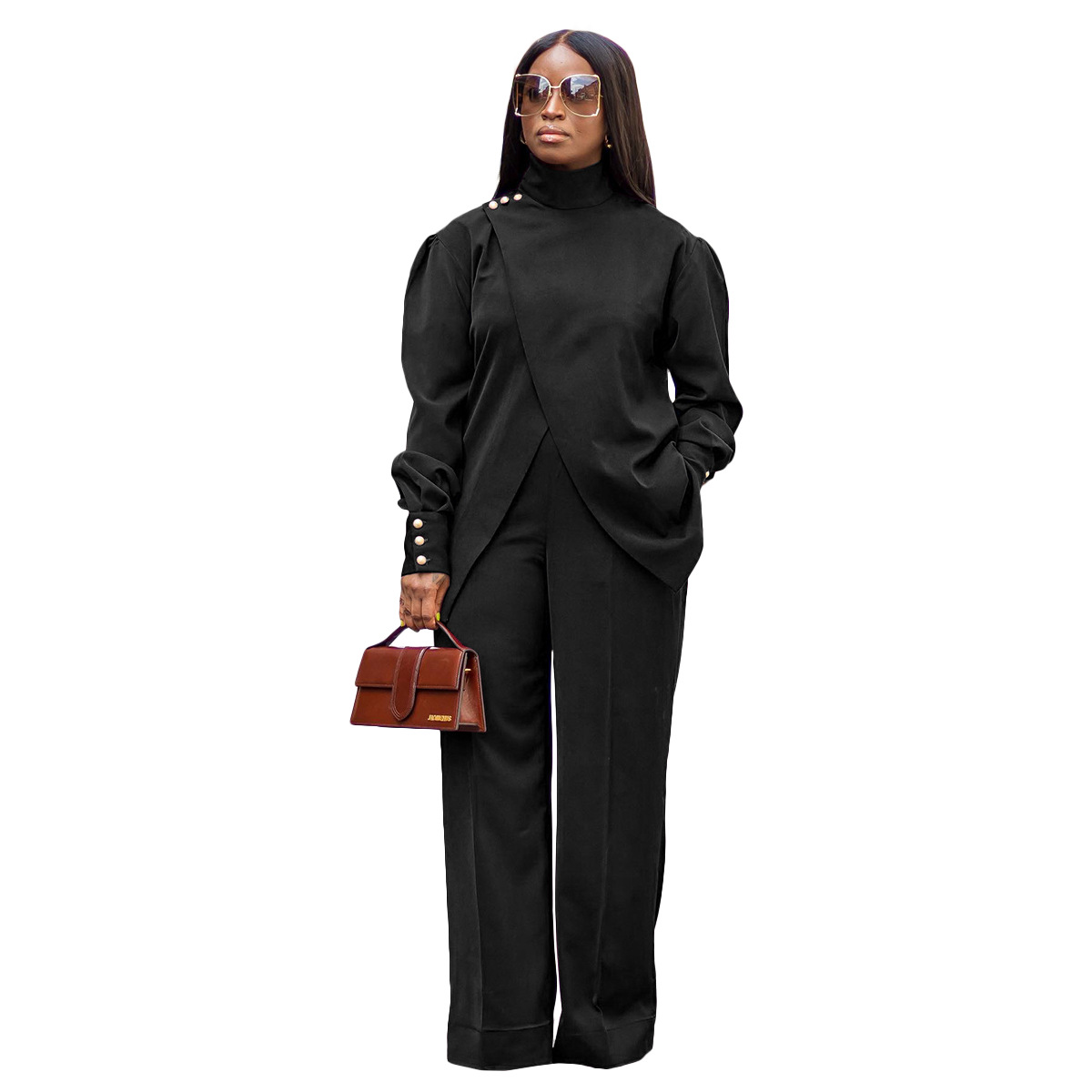 Women's Turtleneck Pant Set Two Piece Long Sleeve Split Outfit_voghion.com