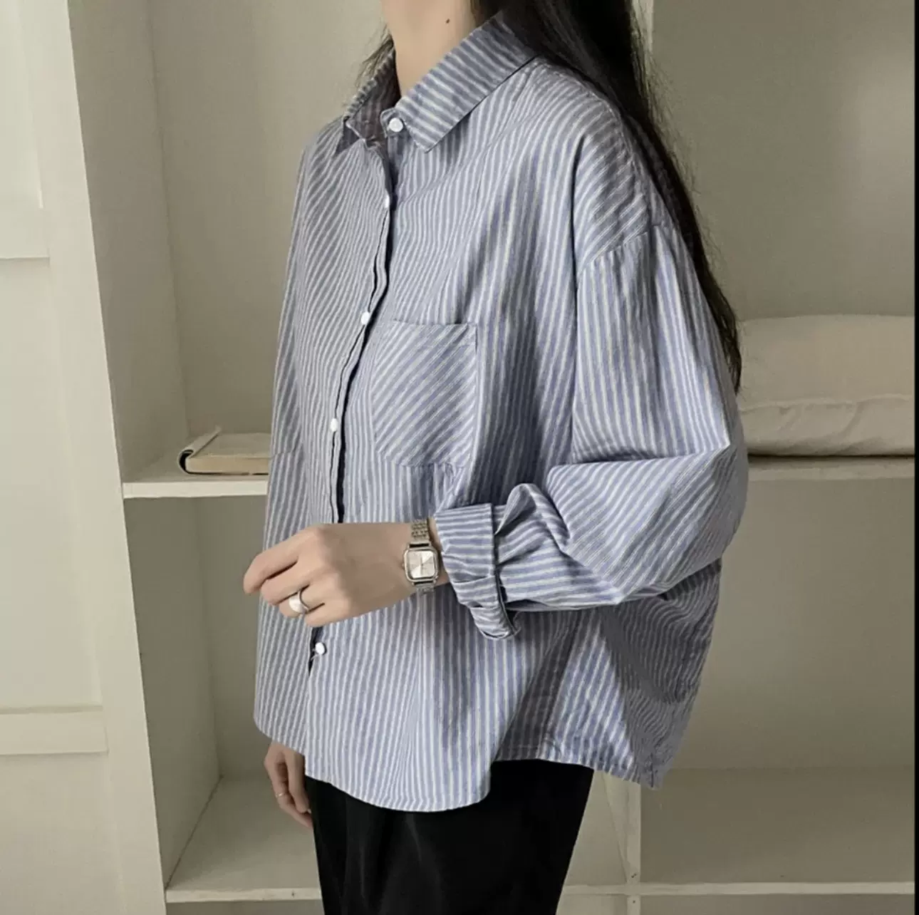 春秋新款设计感条纹衬衫秋季韩版宽松显瘦女装衬衣休闲上衣百搭