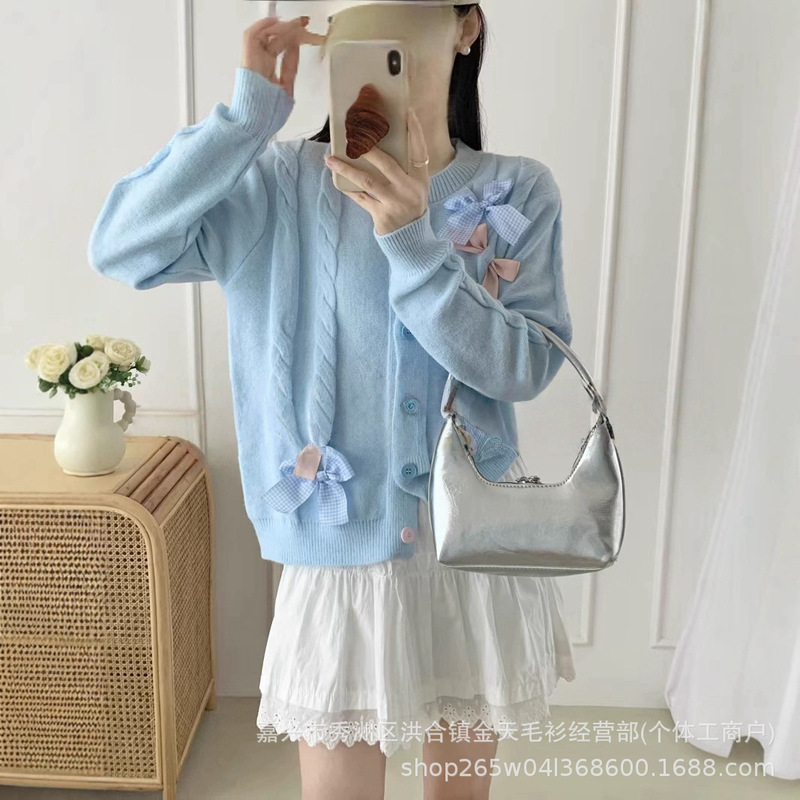 秋と冬の新しい暖色のリボンアクセサリー婦人服カジュアルスタイル無地気質日本製ニットトップセーター|undefined