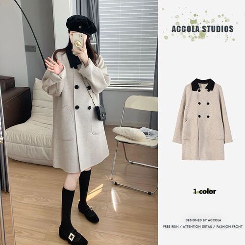 Collar Contrast Style Wool Coat for Women, Winter Medium Long Wool Blend Overcoat