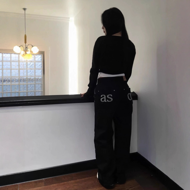 韩国小众 aso*秋新款口袋字母刺绣牛仔裤宽松直筒显瘦高腰长裤女|undefined