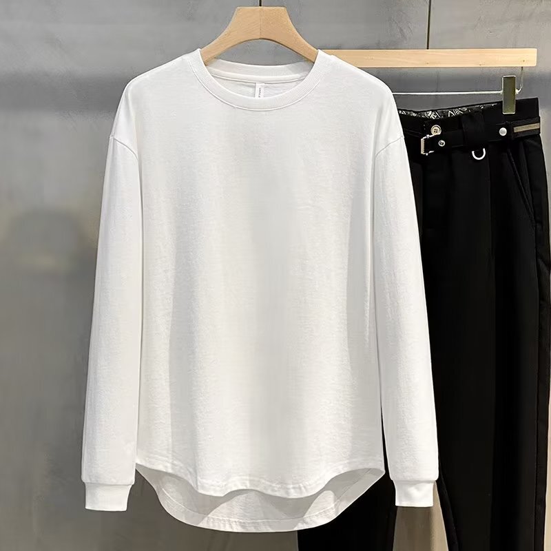 Long-Sleeved T-Shirt Men's Pure Cotton Loose Top Pure Color Japanese Style Round Neck Bottoming Shirt Men's Large Size Tuxedo Pure Cotton