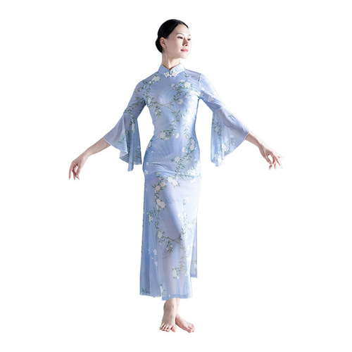  Spring and Summer Butterfly Sleeve Wide Sleeve Cheongsam Style Dance Wear Pearl Collar Chinese Hanfu Classical Dance Wear Practice Wear