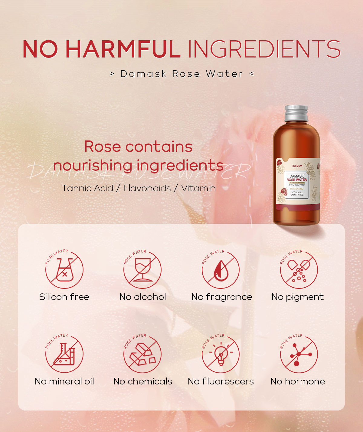 Wholesale of cross-border QUIYUM Damascus rose hydrosol wet compress hydrating, Moisturizing and brightening toner in stock from the manufacturer undefined