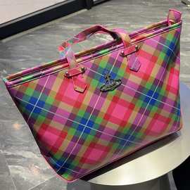 土星糖果色托特女包2025新款土星大容量单肩腋下包十字纹通勤大包