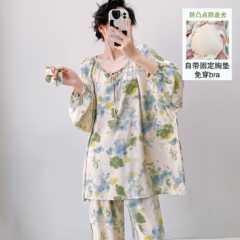 Plus-Size Cotton Silk Pajamas for Women with Chest Pads, Loose Fit for Plus-Size Women, Summer Long-Sleeve Breathable Rayon Loungewear Set, Thin Style Plus-Size Cotton Silk Pajamas for Women with Chest Pads, Loose Fit for Plus-Size Women, Summer Long-Sleeve Breathable Rayon Loungewear Set, Thin Style