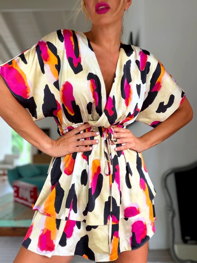Abstract Print V-Neck Midi Dress With Tie Waist, Flowy Short Sleeve Summer Dress For Vacation & Casual Outings_ecoleips.com
