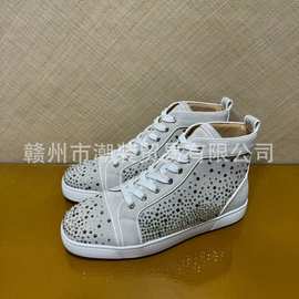 cl andgz男鞋灰白色牛绒满天星烫钻高帮红底鞋水晶女鞋休闲板鞋