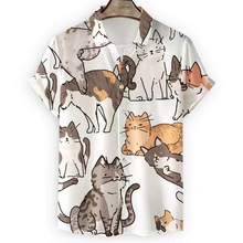 2024跨境欧美猫猫图男士居家休闲短袖衬衫潮流3D印花宽松花衬衣