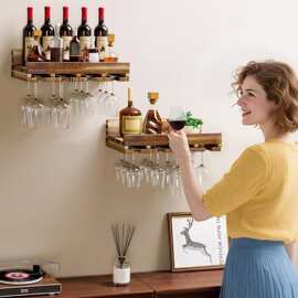 实木悬浮壁挂式酒架红酒杯倒挂架创意家用壁挂红酒架酒托架