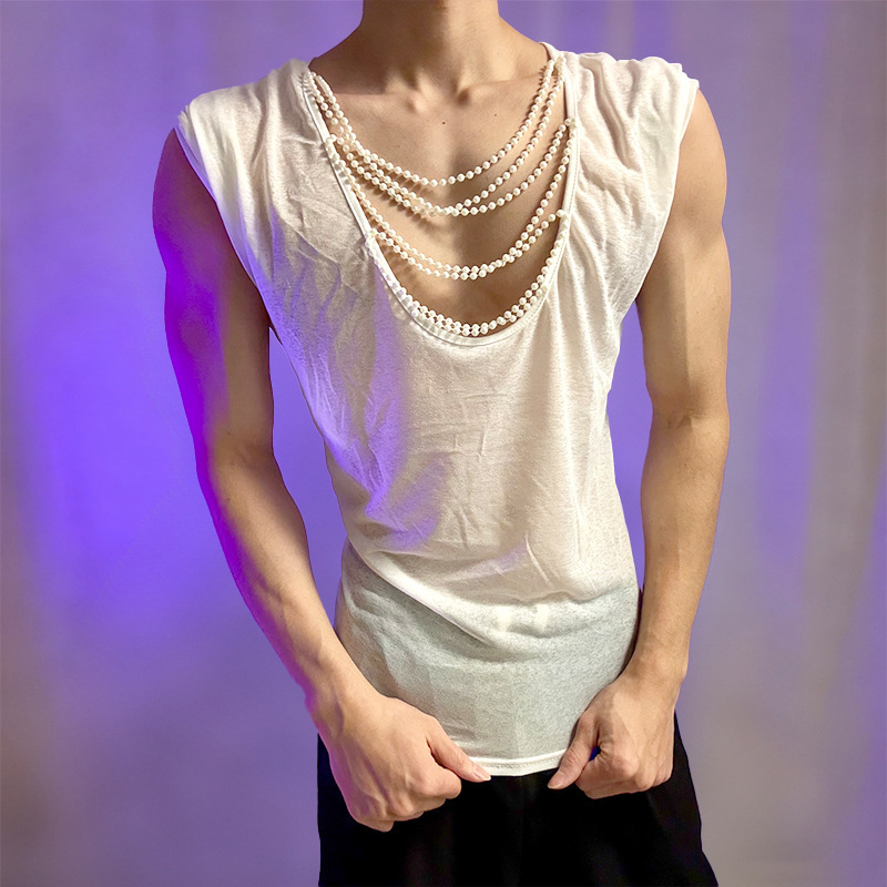 Lobe Sexy Lingerie Tops for Men, Thin Design with a Thoughtful Touch, Internet Celebrity Style, Pearl Hollow-Out Back, Loose Fit, Plus-Size Shirt