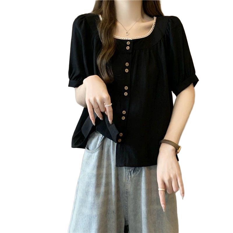 フレンチレースラウンドネック多用途ベビードールシャツ女性用夏の新しいデザインプリーツスタイルシャツシックな年齢軽減シャツ|undefined