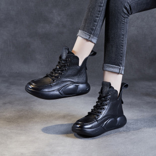 First layer cowhide short boots Women's Spring and Autumn single Boots Black soft leather boots lace-up platform sports casual high-top women's shoes