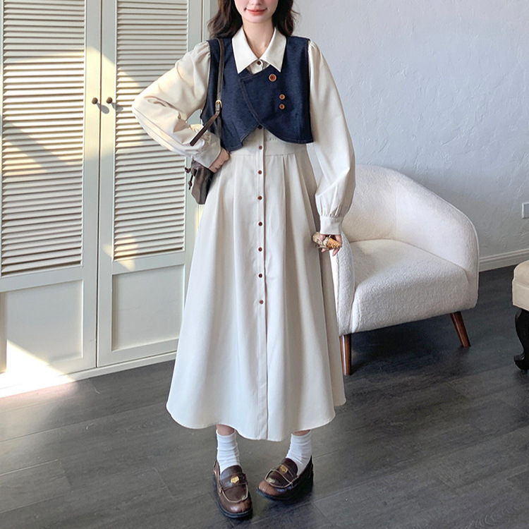 法式气质慵懒牛仔马甲连衣裙套装女2025秋季新款衬衫裙宽松两件套|undefined