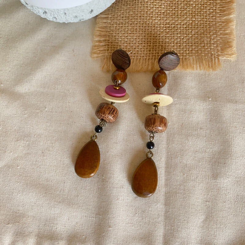 巨好看~木质长款耳坠女新中式复古耳环独特夸张耳钉方圆脸耳饰品|undefined