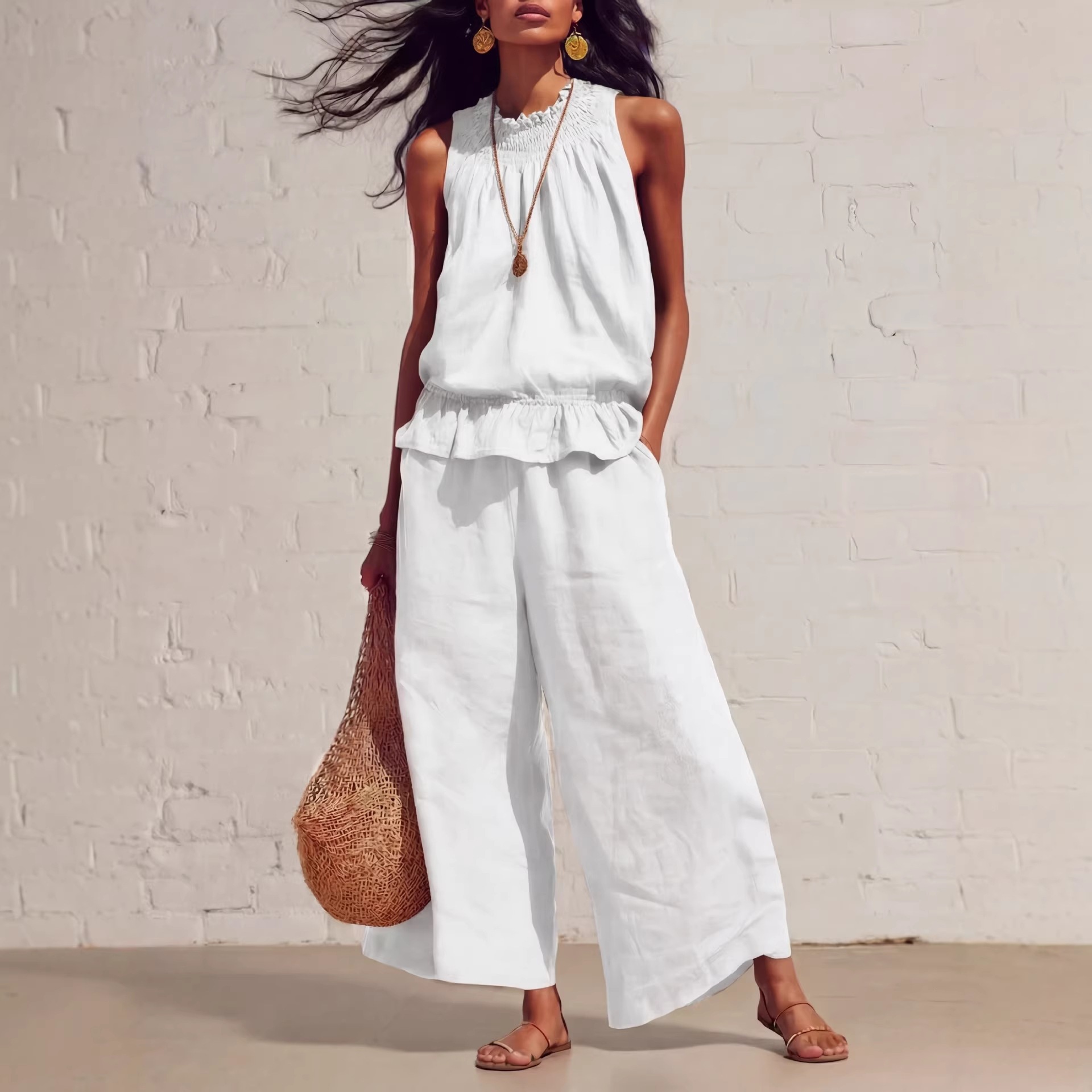 Women's Clothing American Style Women's Ruffled Cotton Linen Two Piece Set Retro Bohemian Spring Summer New Arrivals_ecoleips.com
