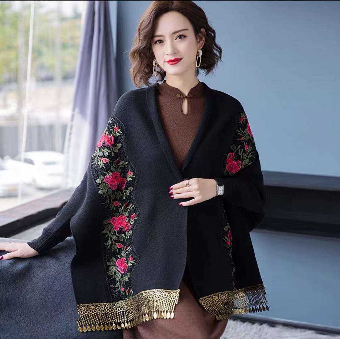 Pelerină tricotată cu ciucuri brodate, pelerină cu mânecă de liliac, pulover îngroșat, palton cardigan_voghion.com