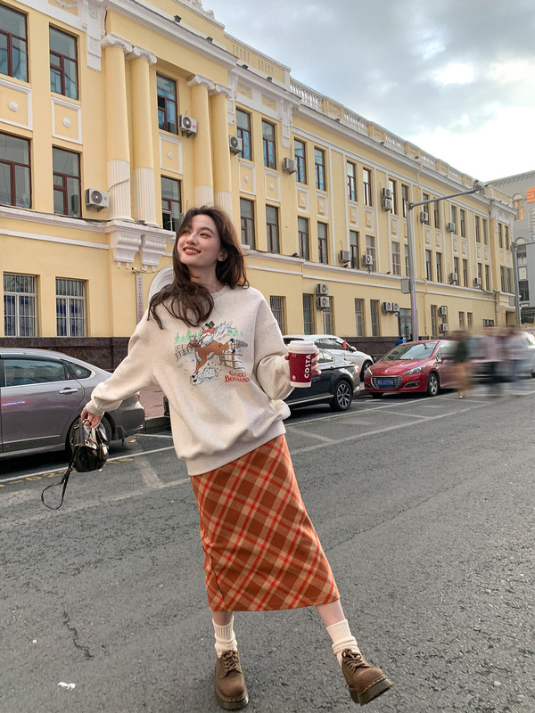 你好卡农 高腰格纹后开叉半身裙女春季2025新款高腰一步a字中长裙|undefined