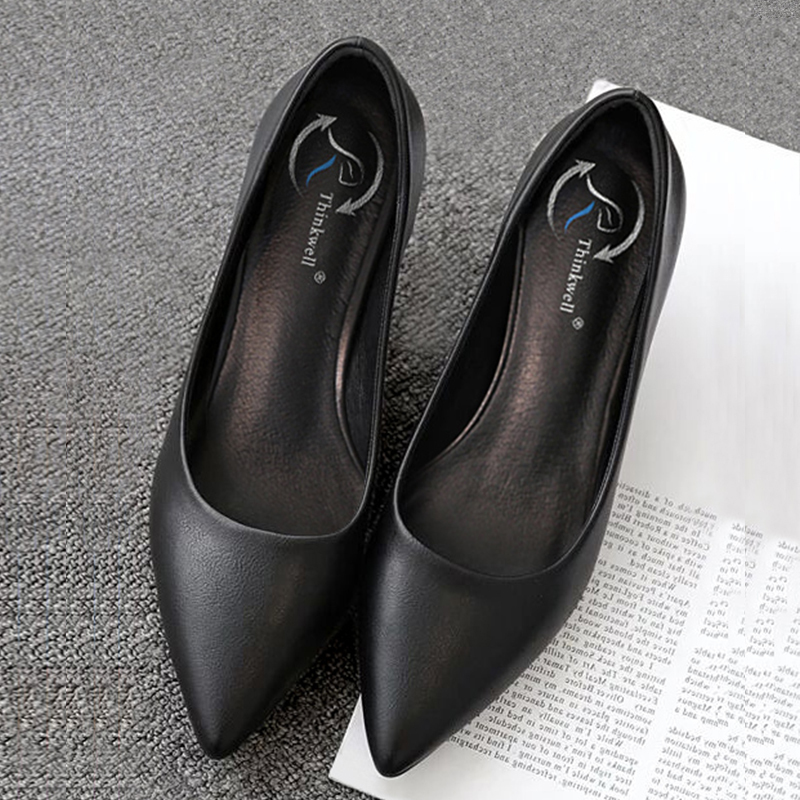 Genuine Leather Work Shoes Women's Black Leather Shoes Soft Bottom Flat Shoes Work Single Shoes Stewardess Professional High Heels plus size Women's Shoes