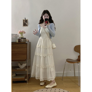 Chubby plus size Sling dress Women's Spring and Summer Lace Princess Cake Skirt Blue Knitted Cardigan Two-Piece Skirt