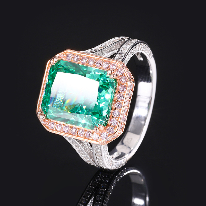 Zhuang Sheng joyería S925 plata Diamante de alto carbono rectangular 10g simple elegante oro rosa color separación anillo piedra principal 10*1