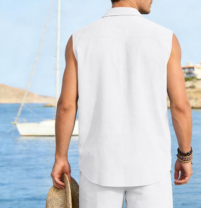 Chaleco de lino sin mangas para hombre estilo casual verano_voghion.com