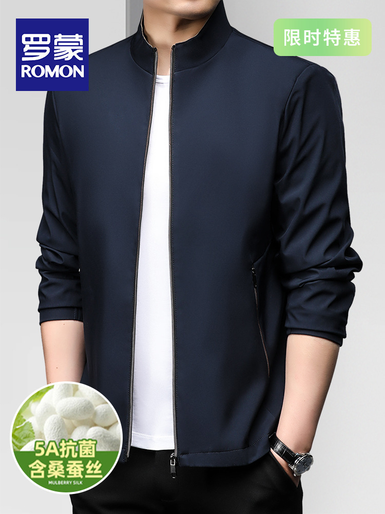 Romon Stand Collar Spring and Autumn Casual Men's Cardigan Jacket Five-Proof Mulberry Silk Men's Business Traveler Jacket Top