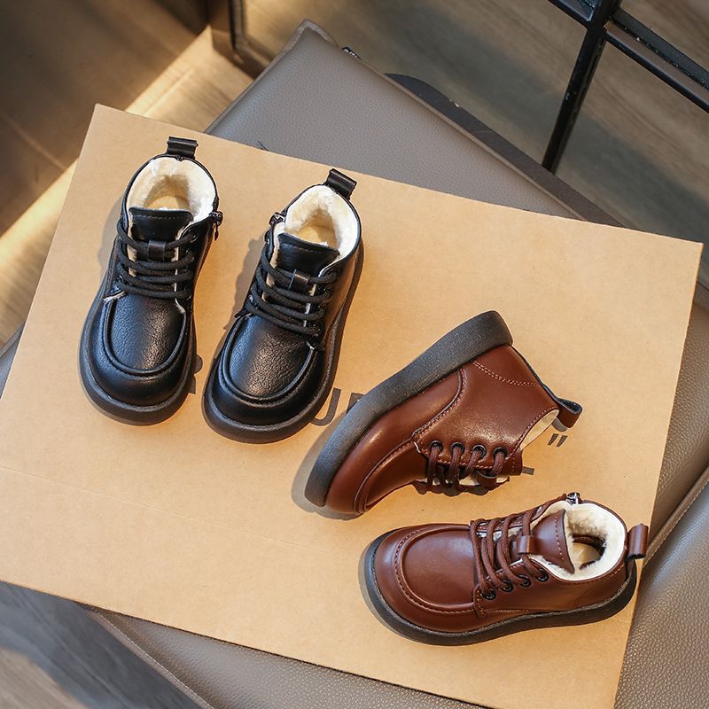 Boys' High-Top Leather Shoes with Velvet, Medium and Large Children's Boys' Baby Cotton Shoes, Soft Soles, Girls' Winter Warm Black Small