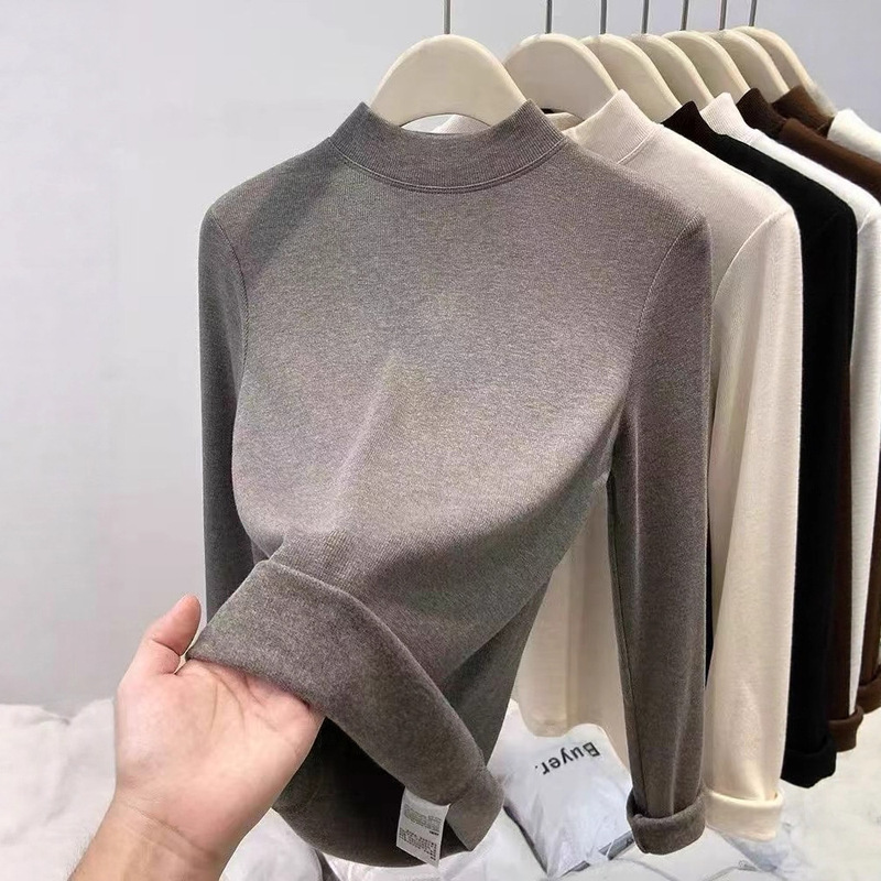 2026 Autumn/Winter New Mousse Cashmere Soft and Fluffy Base Layer Women's Double-Sided Brushed Stand Collar Long Sleeve Top