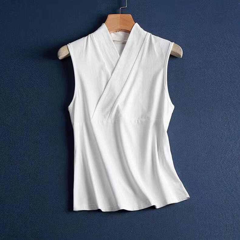 Plus size 150kg Hanfu inner layer sleeveless vest top for women, Chinese retro cross-neck Zen T-shirt Plus size 150kg Hanfu inner layer sleeveless vest top for women, Chinese retro cross-neck Zen T-shirt
