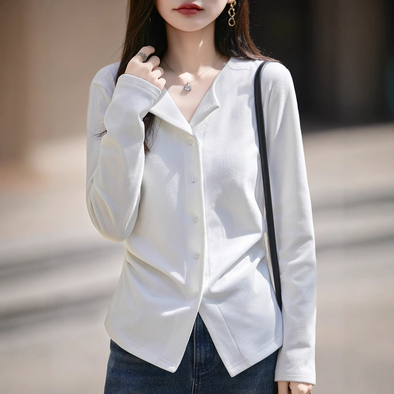 气质优雅磨毛绒面翻领休闲衬衣小衫女25秋冬保暖蓄热打底显瘦上衣|undefined
