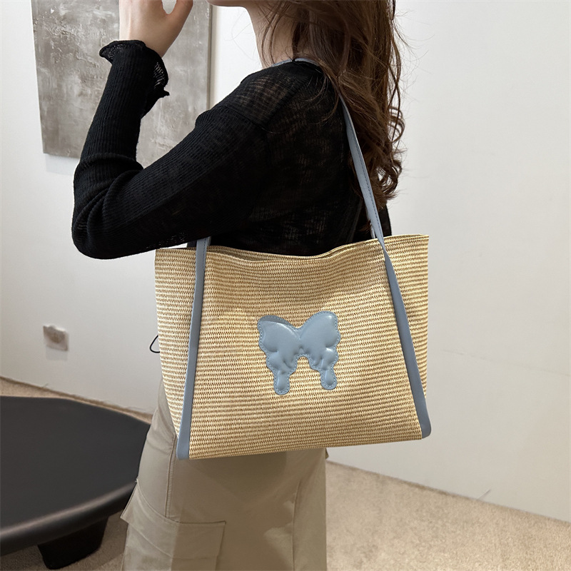 Bolsa de paja de gran capacidad para mujeres 2024 nueva mariposa de verano bolsa de viaje bolsa de tela bolsa de color contraste bolsa de playa