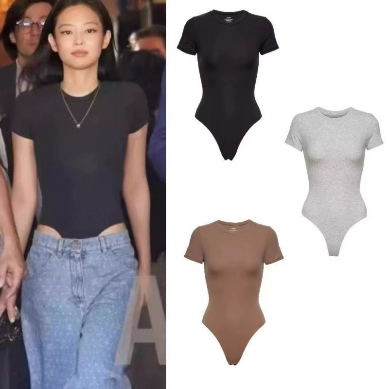 Skims Kardashian Jennie, цельная футболка с короткими рукавами в одном стиле, женская нижняя рубашка с половиной рукавов, утягивающий топ из чистого хлопка