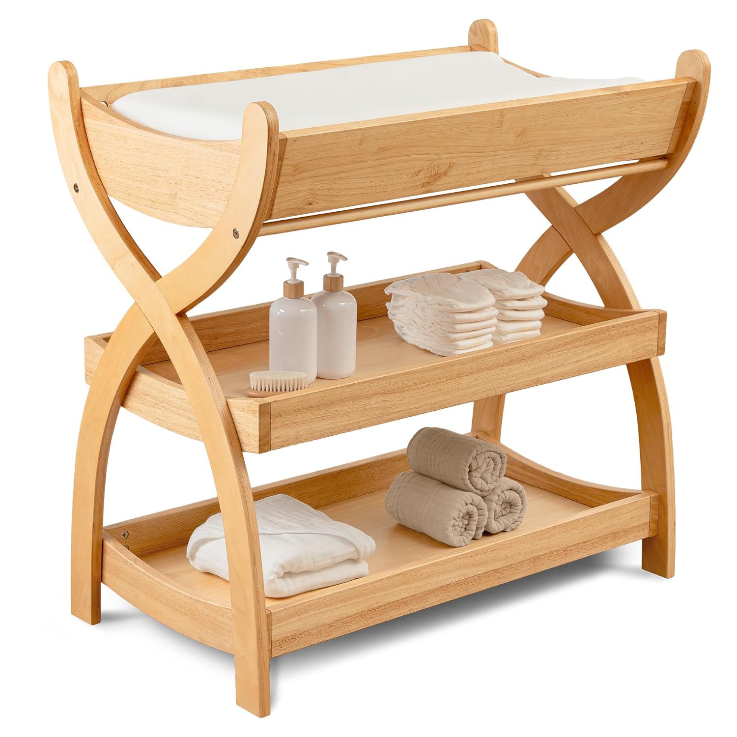 Cross-Border Baby Changing Table Wooden Baby Changing Table Three-Layer Open Shelf Crib Changing Table