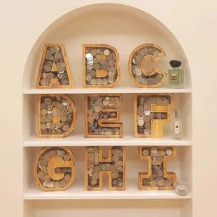 Solid wood English letter piggy bank children's cartoon cash box creative transparent desktop ornaments desirable piggy bank
